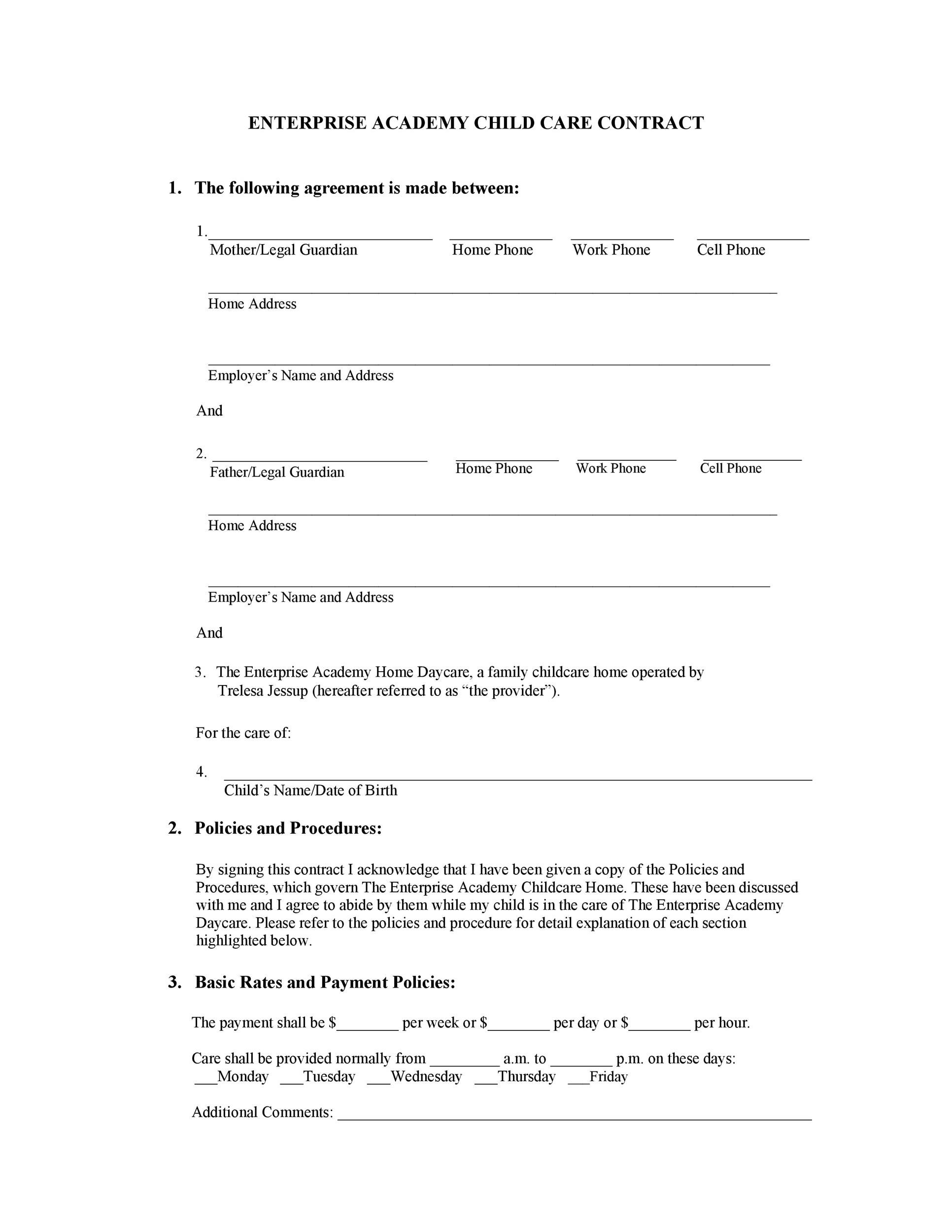 Printable Daycare Contract Template