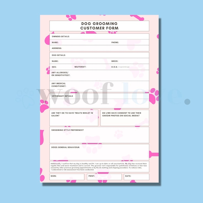 Printable Dog Grooming Form PAW EDITION Mobile Dog Etsy