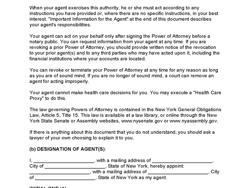 Printable Durable Power Of Attorney Form New York Fillable Form 2025