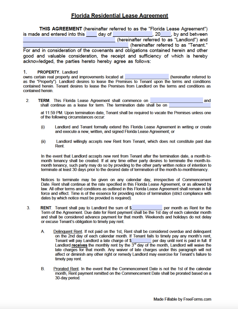 Printable Florida Residential Lease Agreement Fillable
