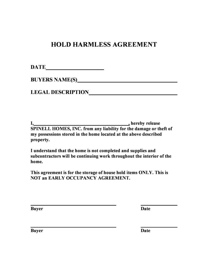 Printable Hold Harmless Agreement