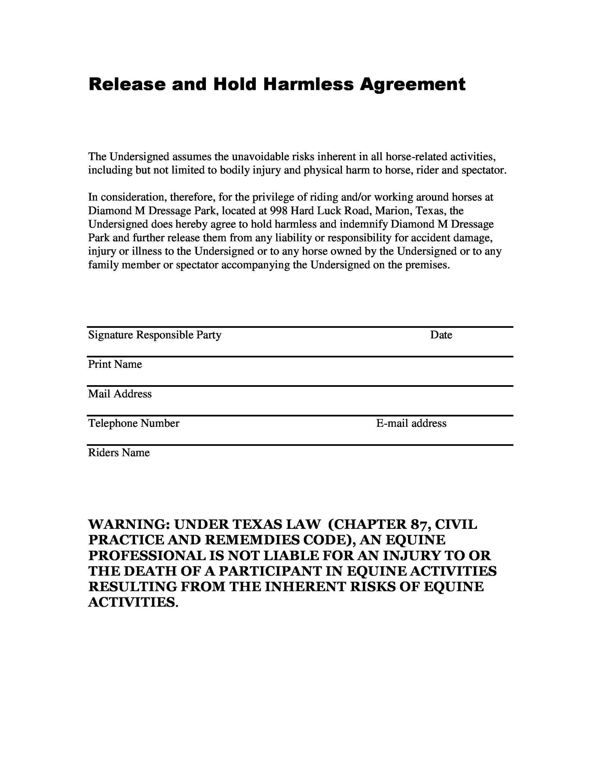 Free Printable Hold Harmless Agreement