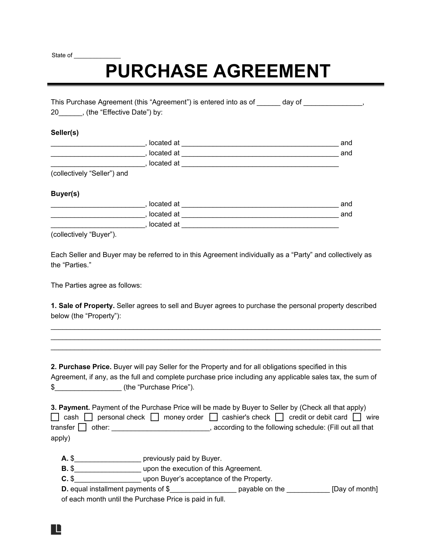 Free Printable Purchase Agreement For House