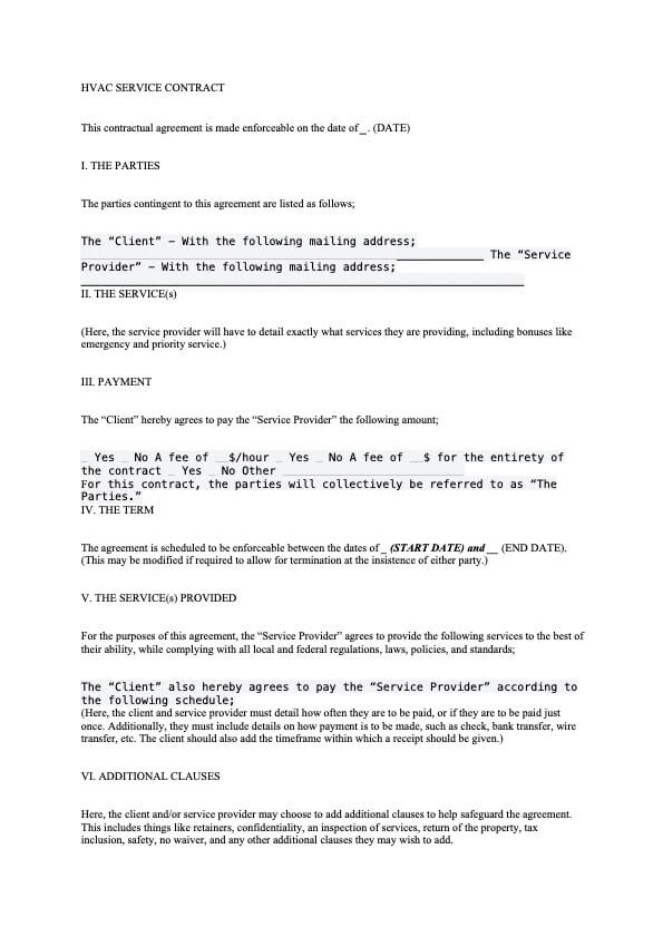 Printable Hvac Contract Template