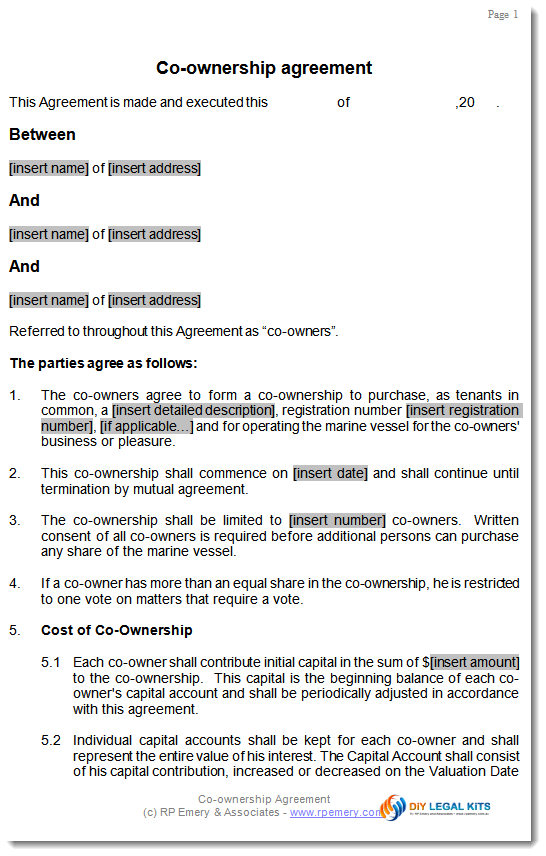 Printable Joint Ownership Agreement Template Printable Free Templates