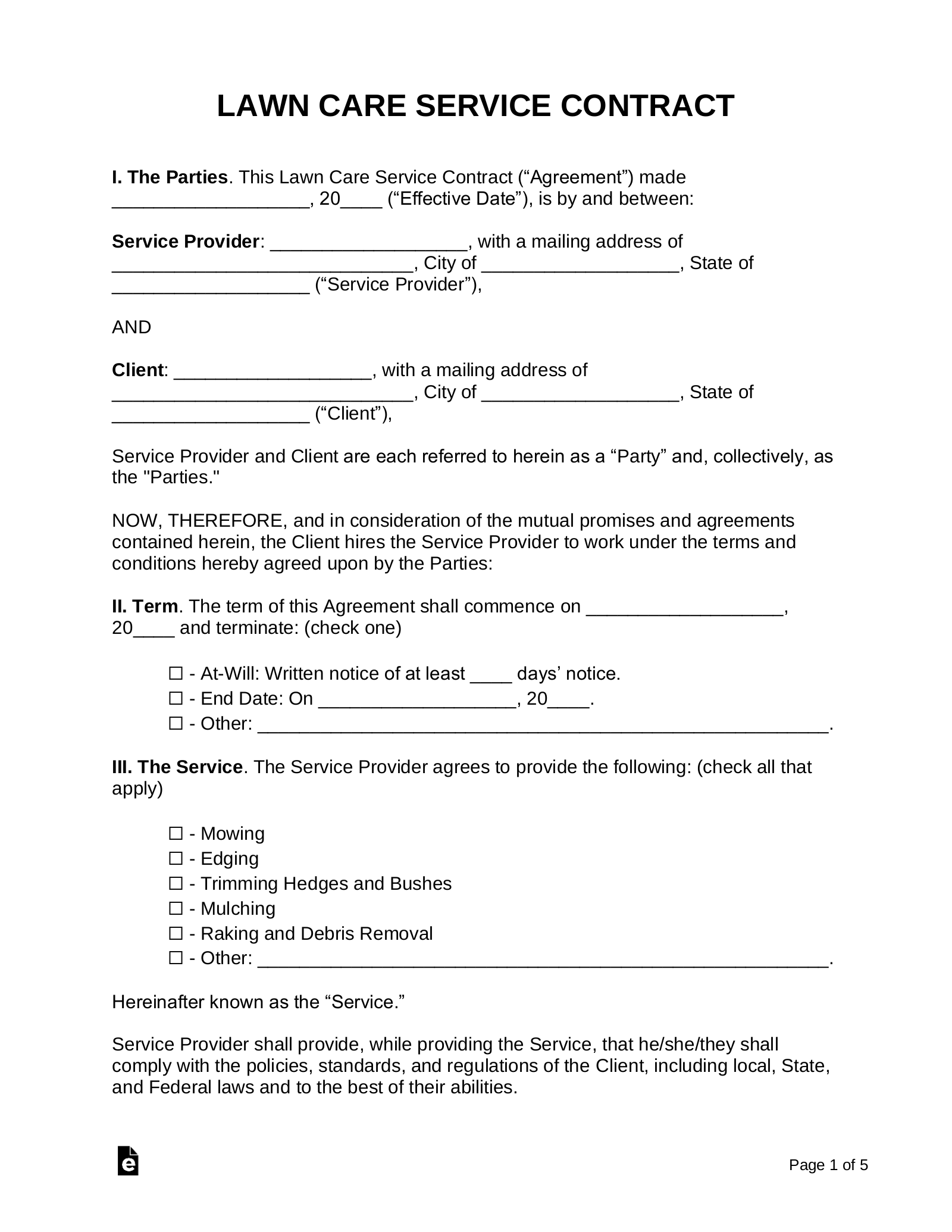 Printable Lawn Care Contract Template Printable Templates