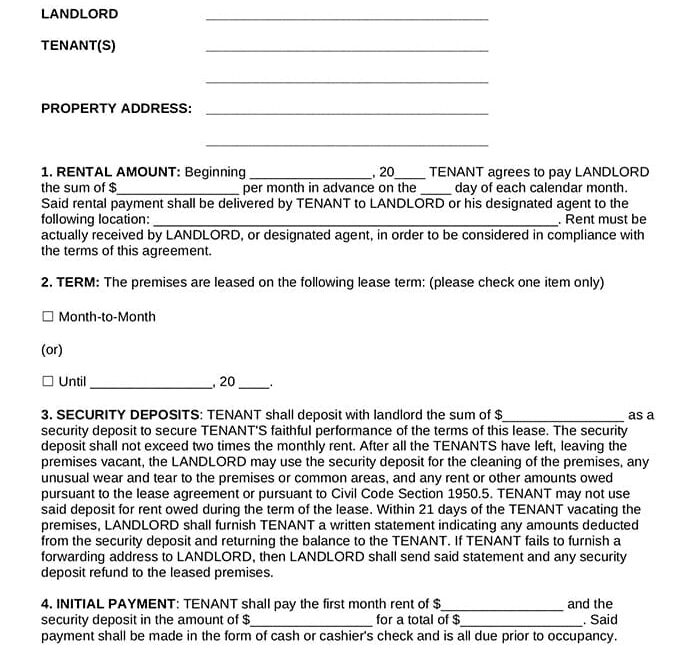 Printable Lease Agreement California Free Download And Print For You