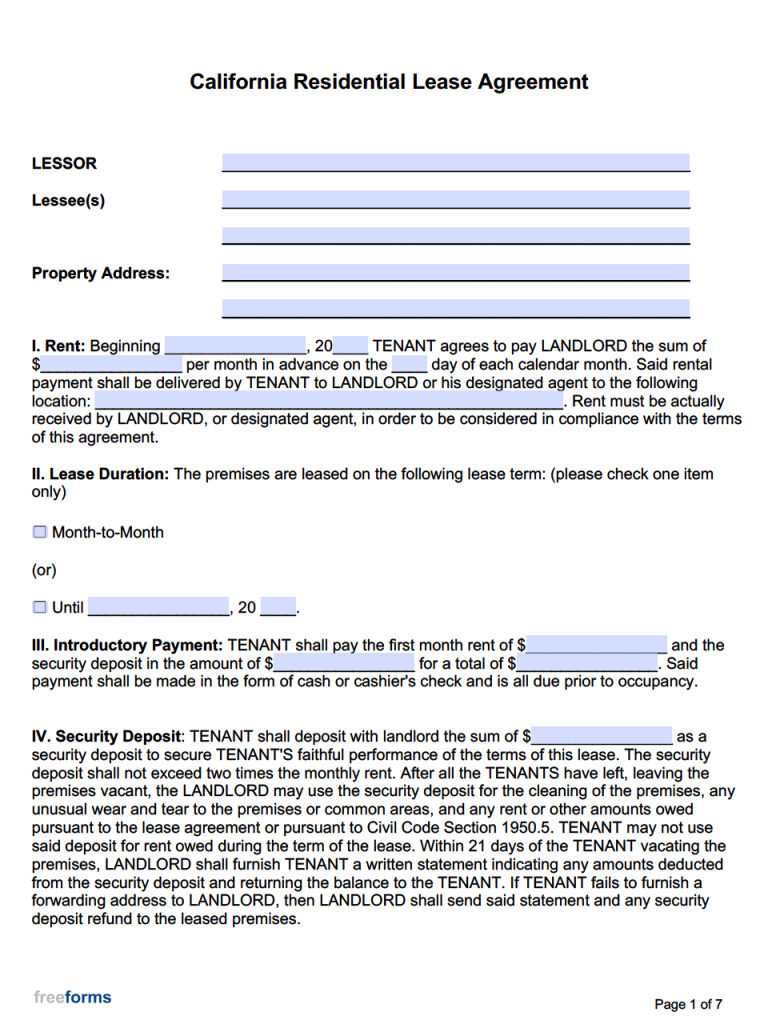 Free Printable California Lease Agreement 2025