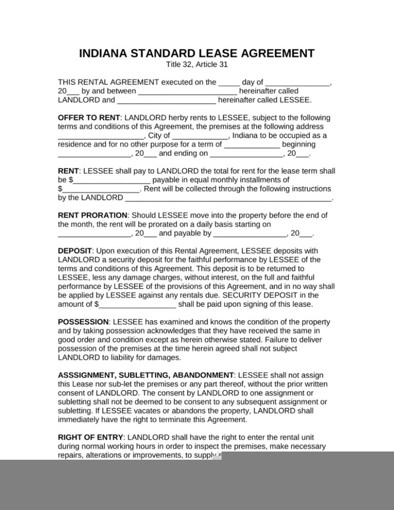 Printable Lease Agreement Free Printable Lease Agreement Indiana 