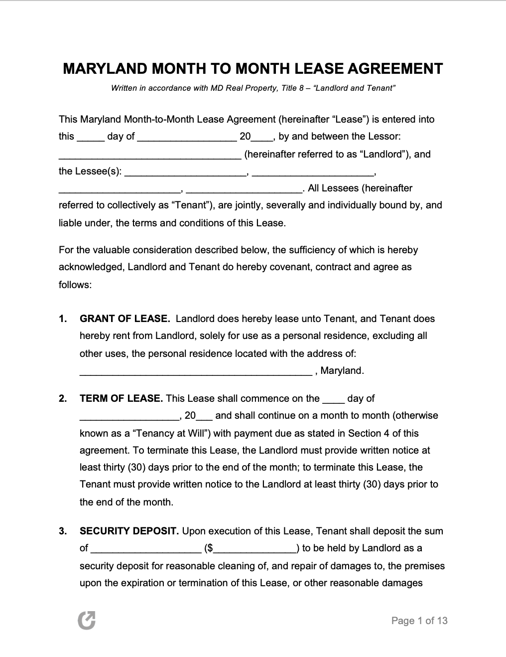 Printable Maryland Residential Lease Agreement
