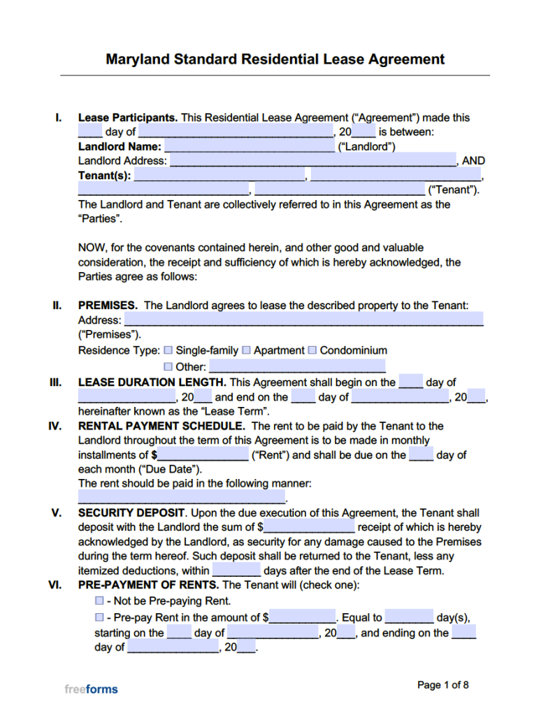 Printable Lease Agreement Maryland