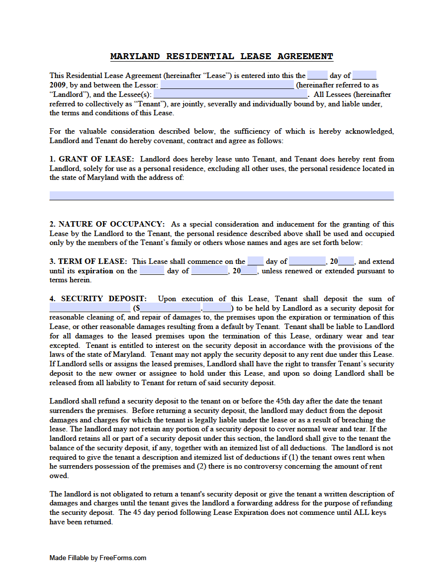 Printable Maryland Residential Lease Agreement
