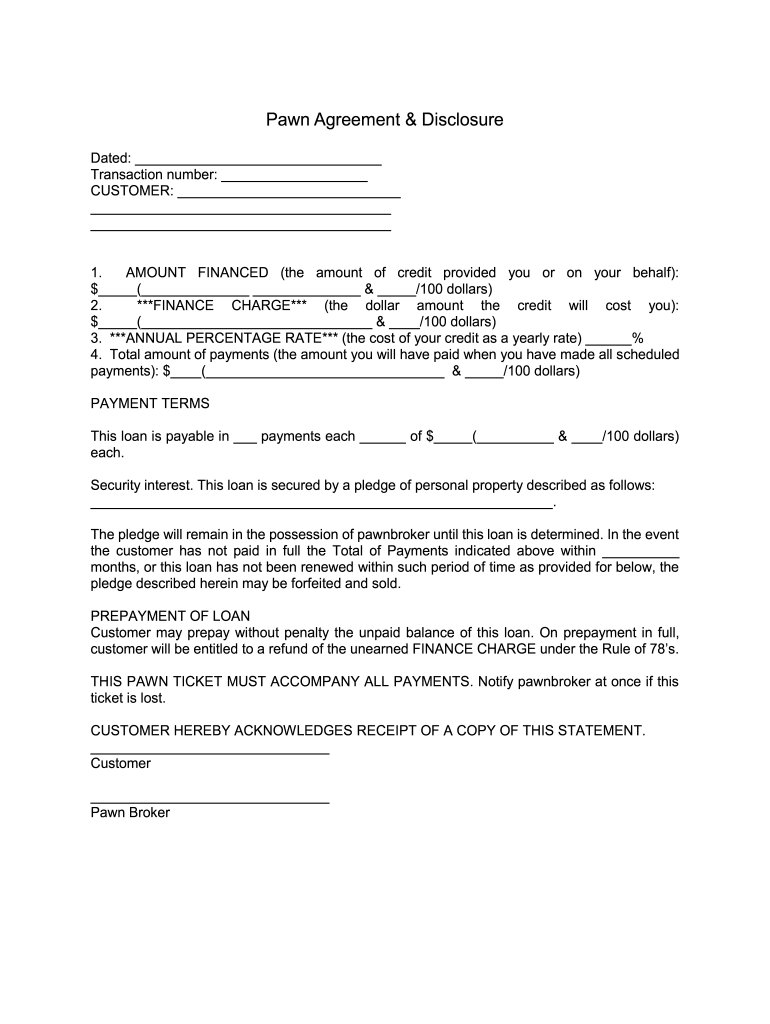 Printable Pawn Agreement Form