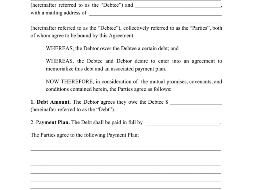 Printable Payment Agreement Form Printable Forms Free Online