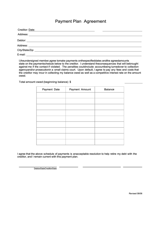 Printable Payment Plan Agreement Form Printable Forms Free Online