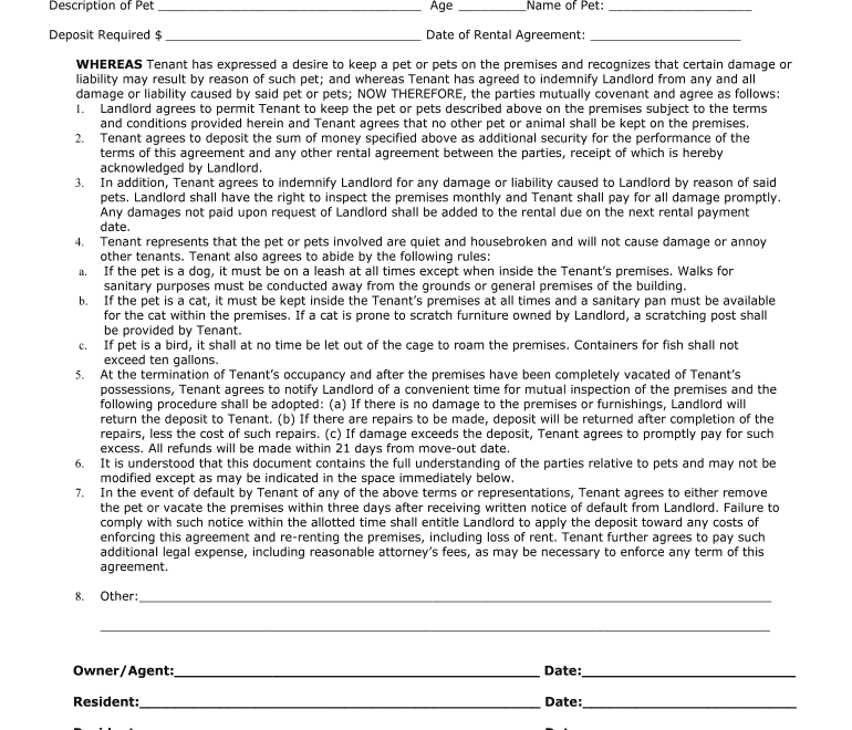 Printable Pet Agreement Form Printable Forms Free Online