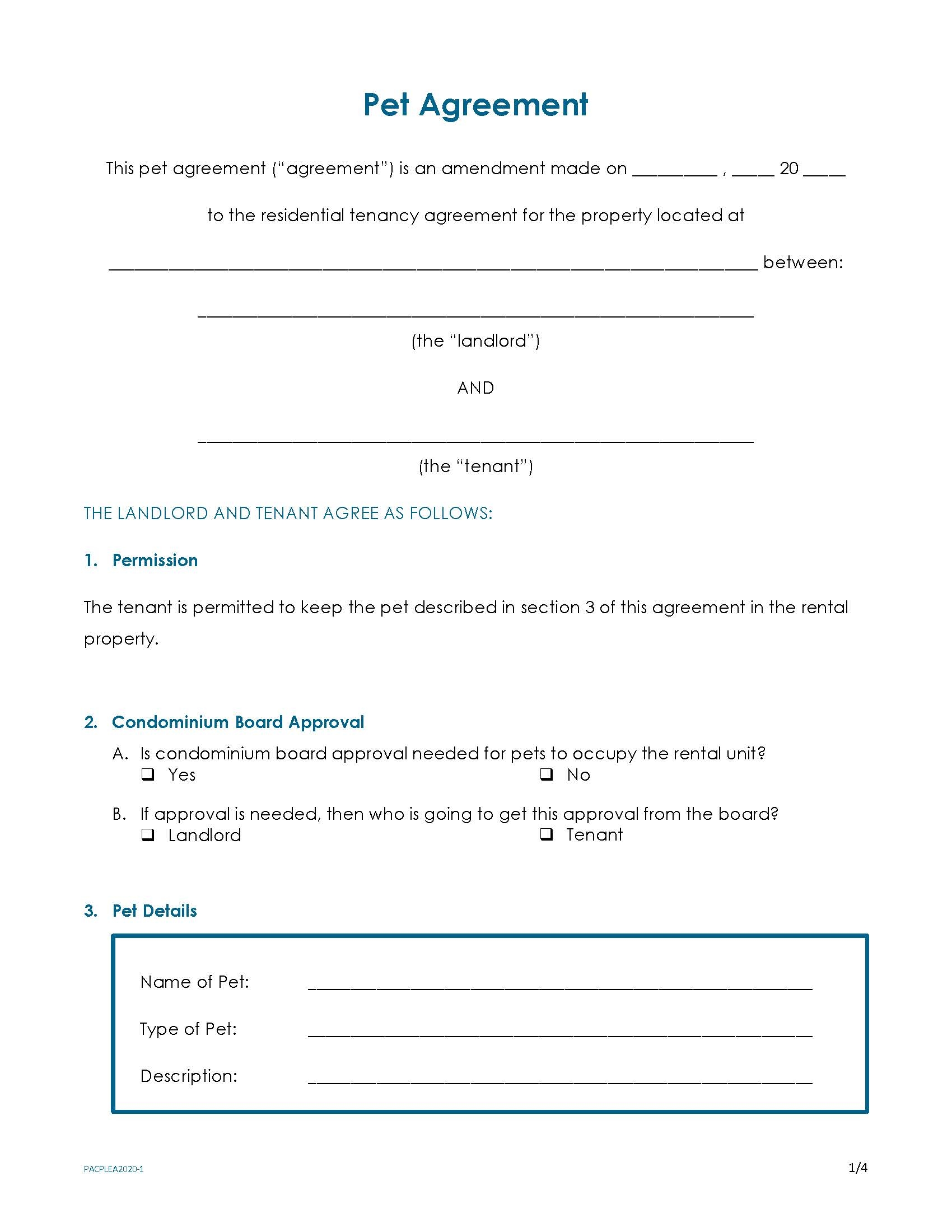 Printable Pet Agreement Form