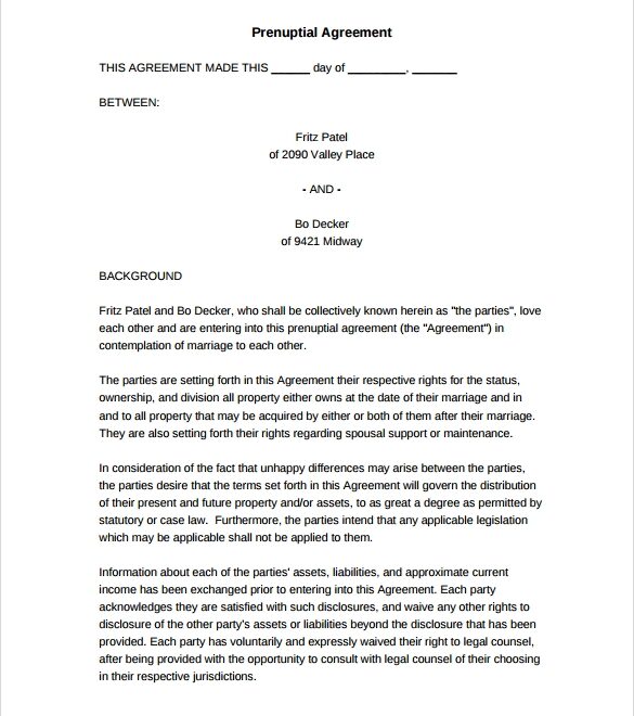 Printable Prenuptial Agreement Sample