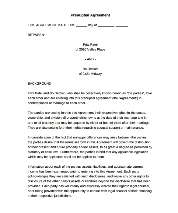 Printable Prenuptial Agreement Sample