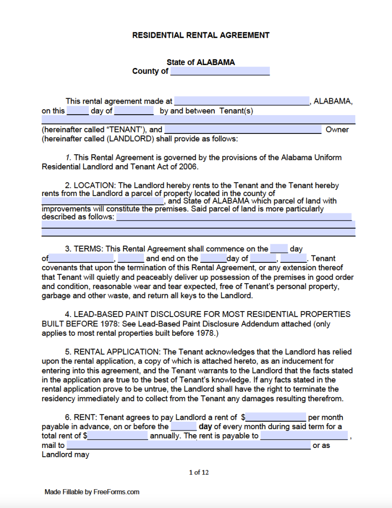 Printable Rental Agreement Form Alabama Printable Forms Free Online