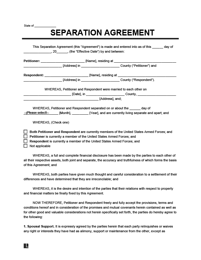 Printable Separation Agreement Form Ontario Printable Forms Free Online