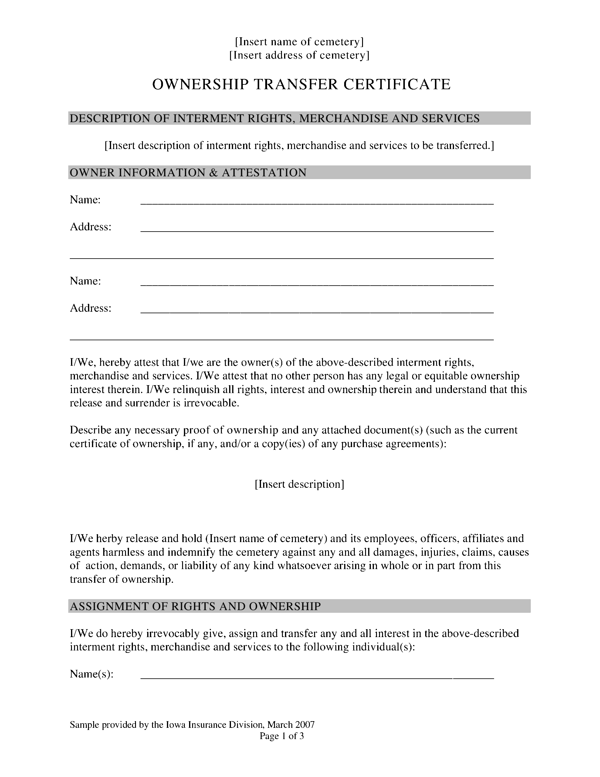 Printable Transfer Of Ownership Agreement Template