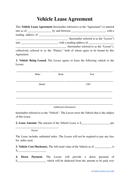 Printable Vehicle Lease Agreement