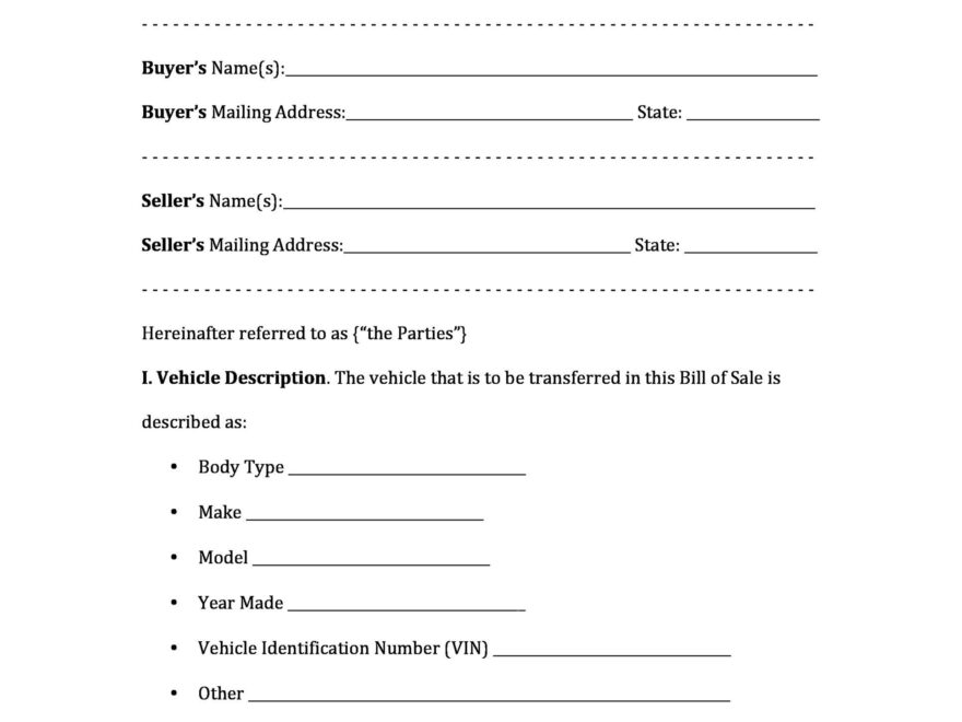 Printable Vehicle Purchase Agreement Form Printable Forms Free Online