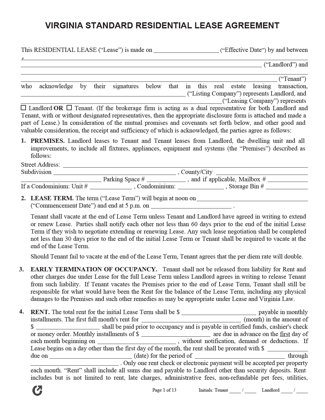 Printable Lease Agreement Virginia