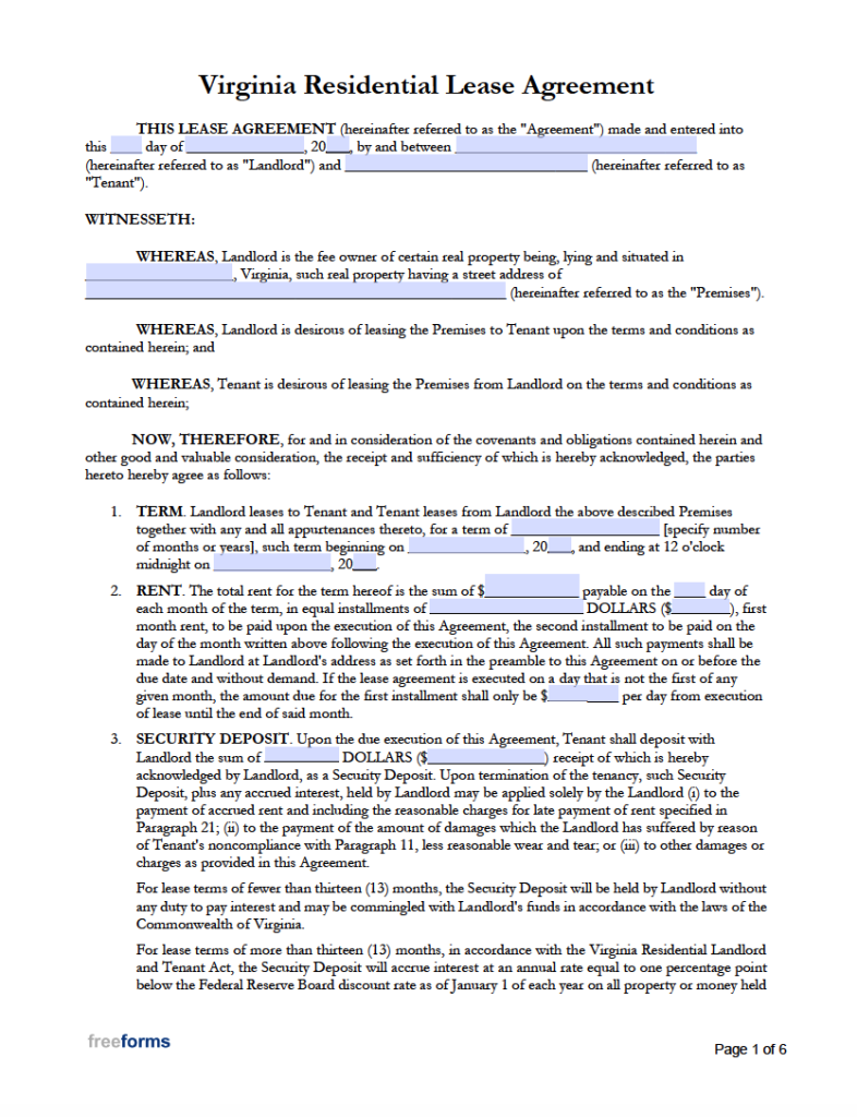 Printable Virginia Lease Agreement