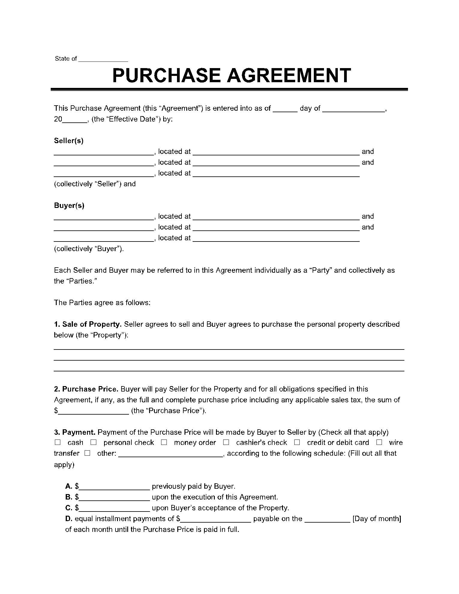 Purchase Agreement Template 20 Free Forms CocoDoc