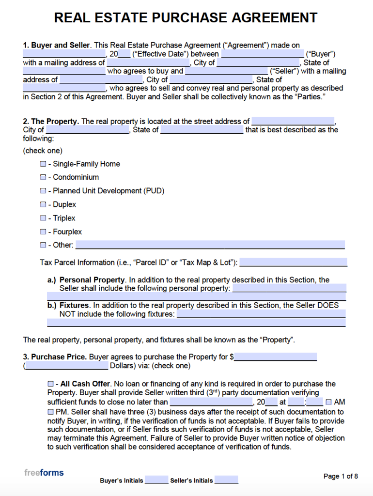 Printable Agreement To Purchase Real Estate