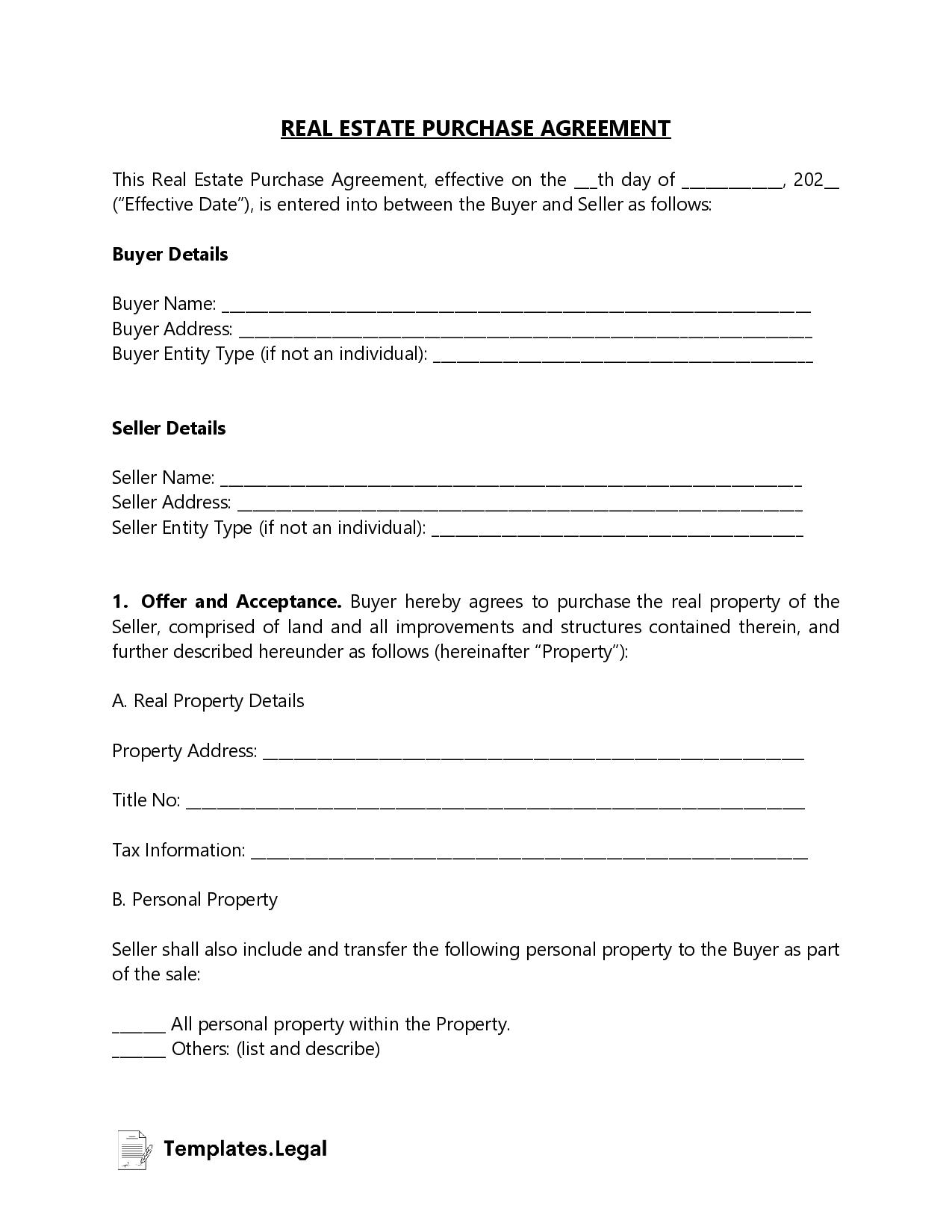 Real Estate Purchase Agreement Templates Free Word PDF ODT 