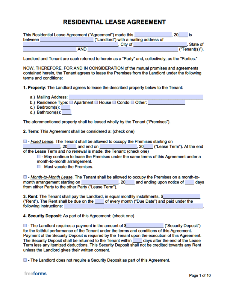 Free Printable Basic Rental Agreement Or Residential Lease