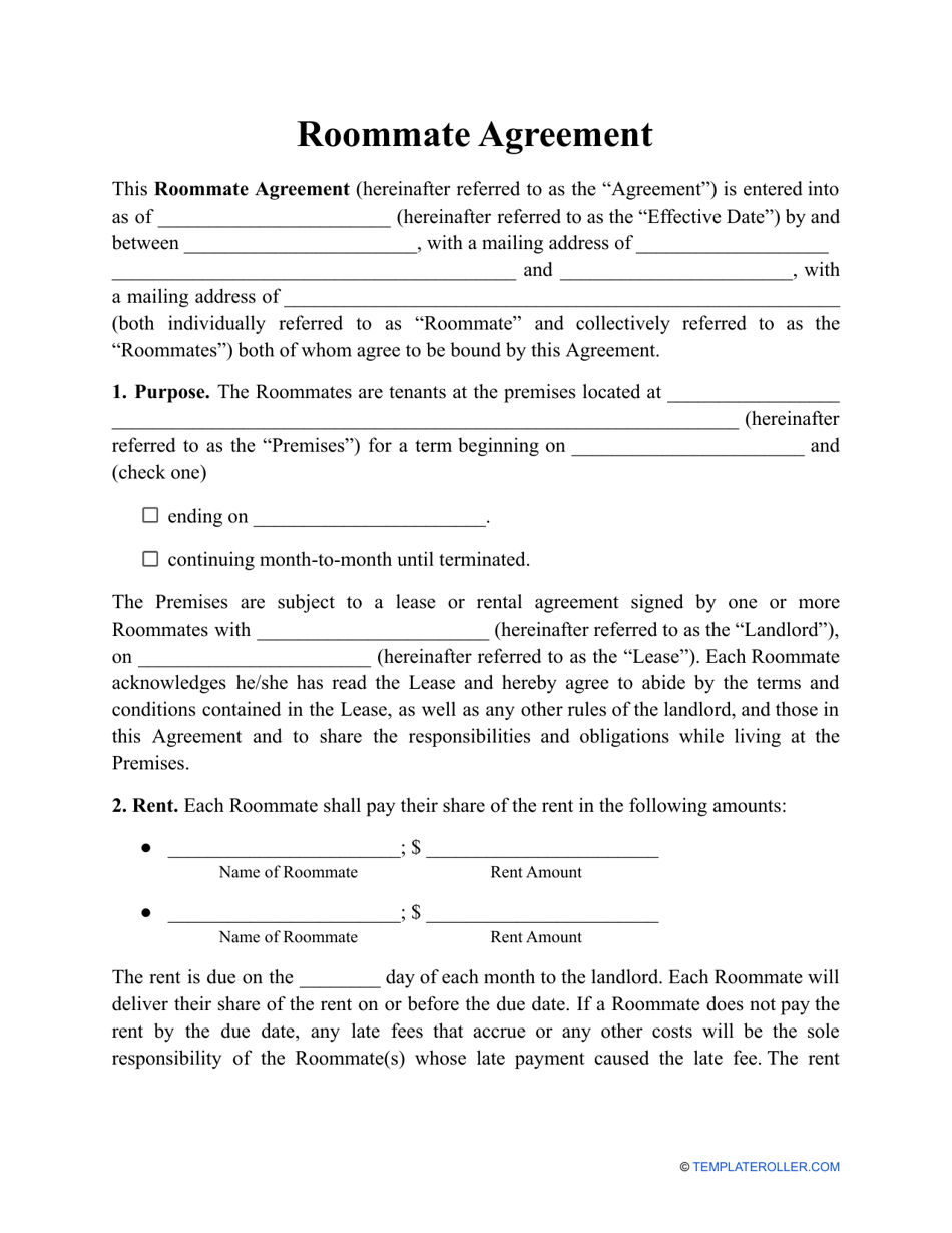 Roommate Agreement Template Fill Out Sign Online And Download PDF 