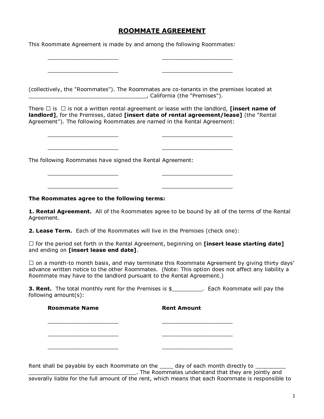 Printable Roommate Agreement Template Free