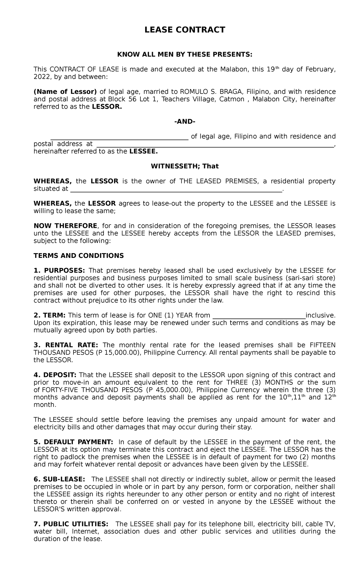 Sample Tagalog Contract Of Lease At Kenneth Bray Blog