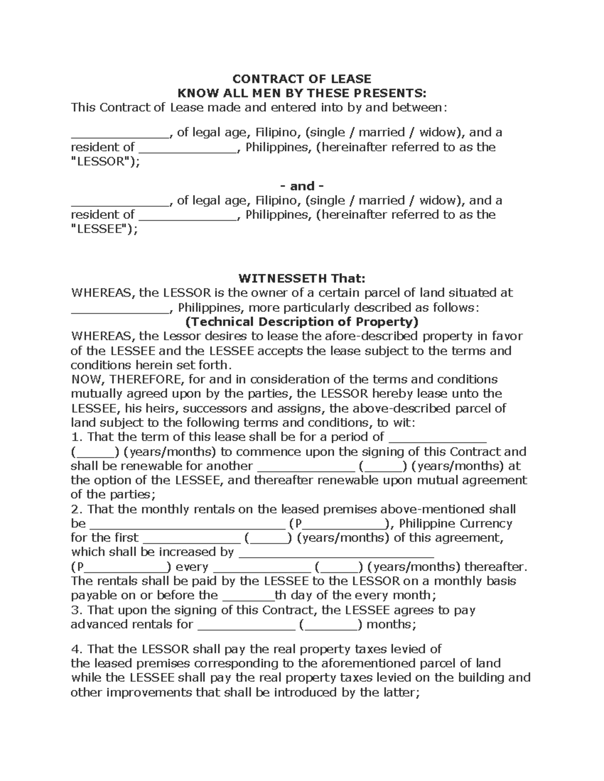 Printable Contract Of Lease Tagalog