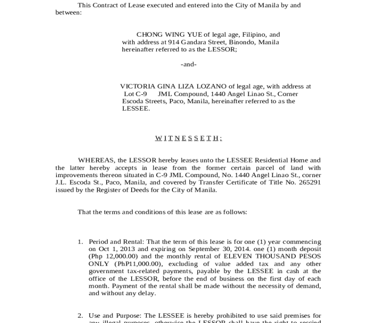 Sample Tagalog Contract Of Lease At Kenneth Bray Blog