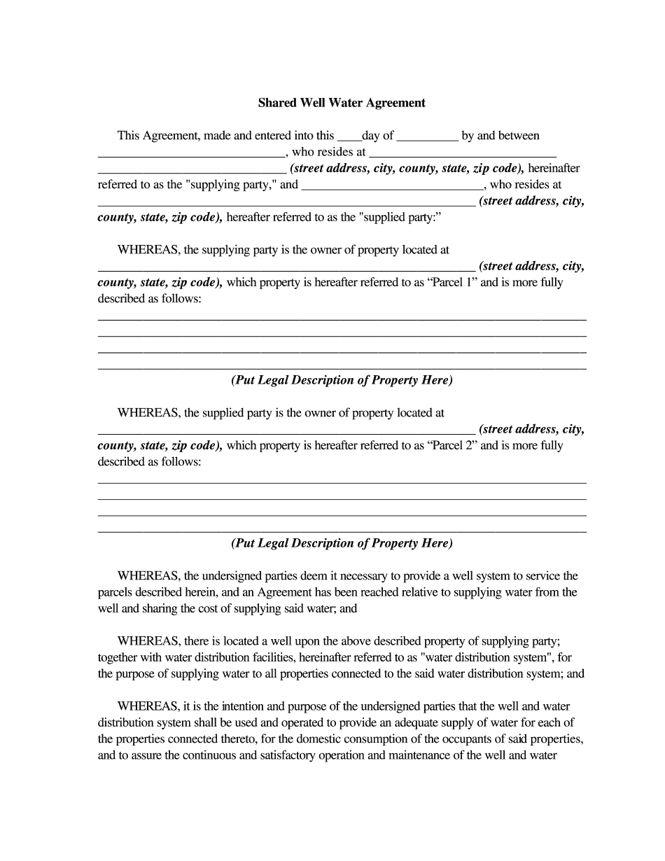 Shared Well Agreement Printable And Editable PDF