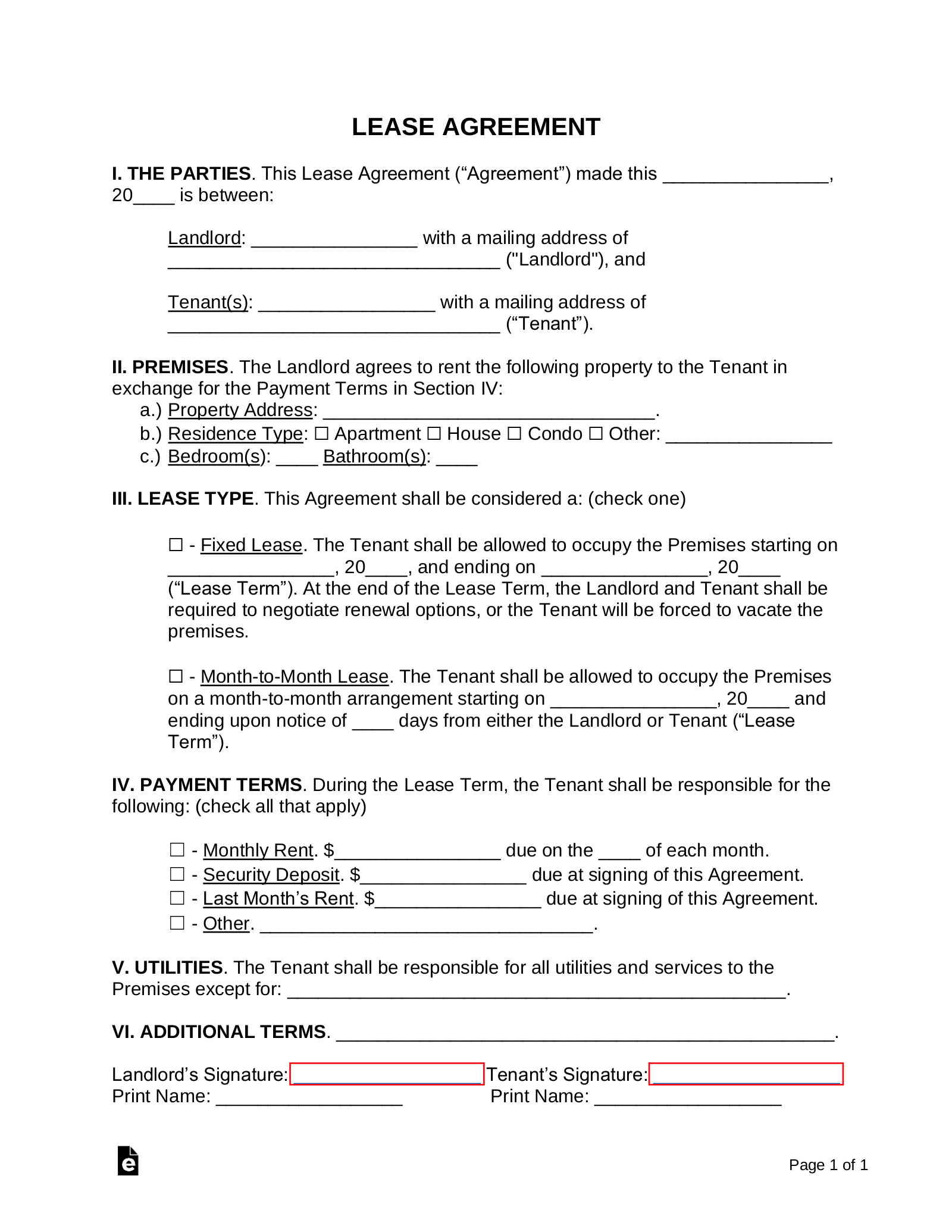 Easy Printable Lease Agreement