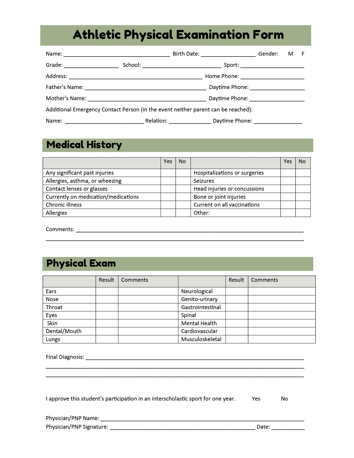 Sports Physical Form 2025 2025 Bella Welch J 