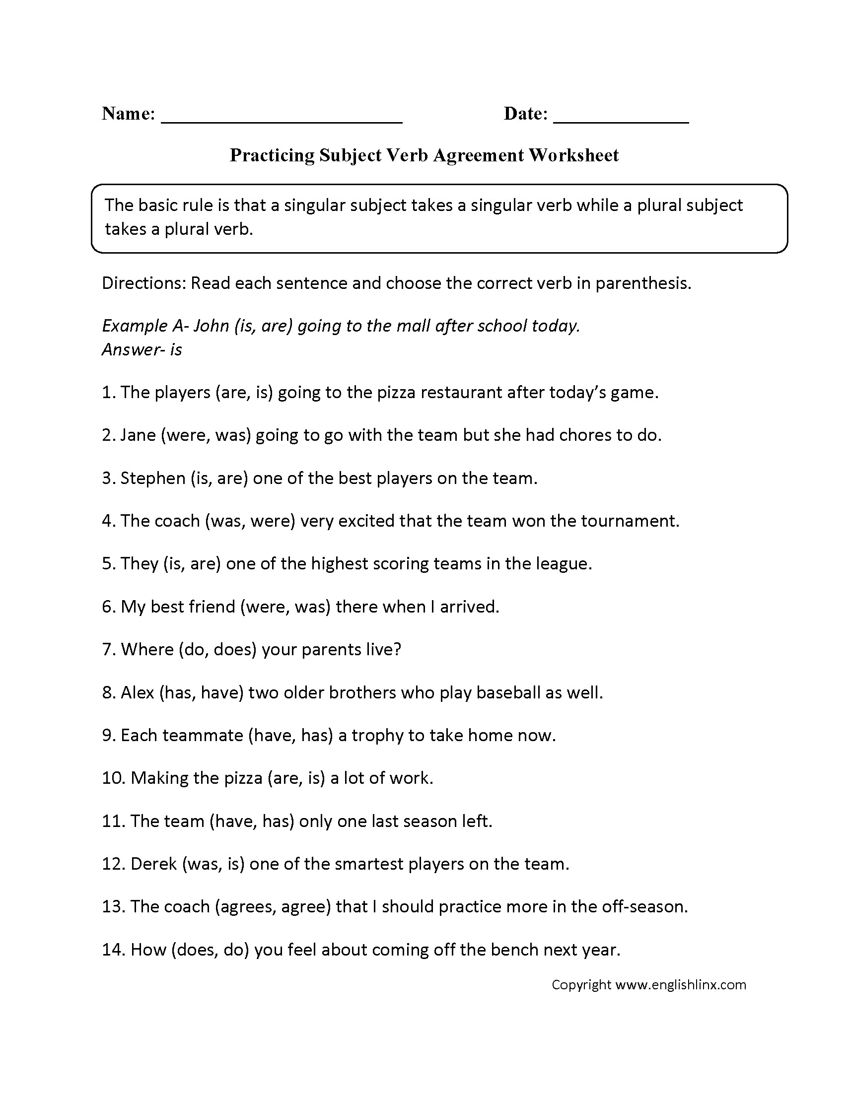 Subject Verb Agreement Online Exercises With Answers Worksheet Resume 