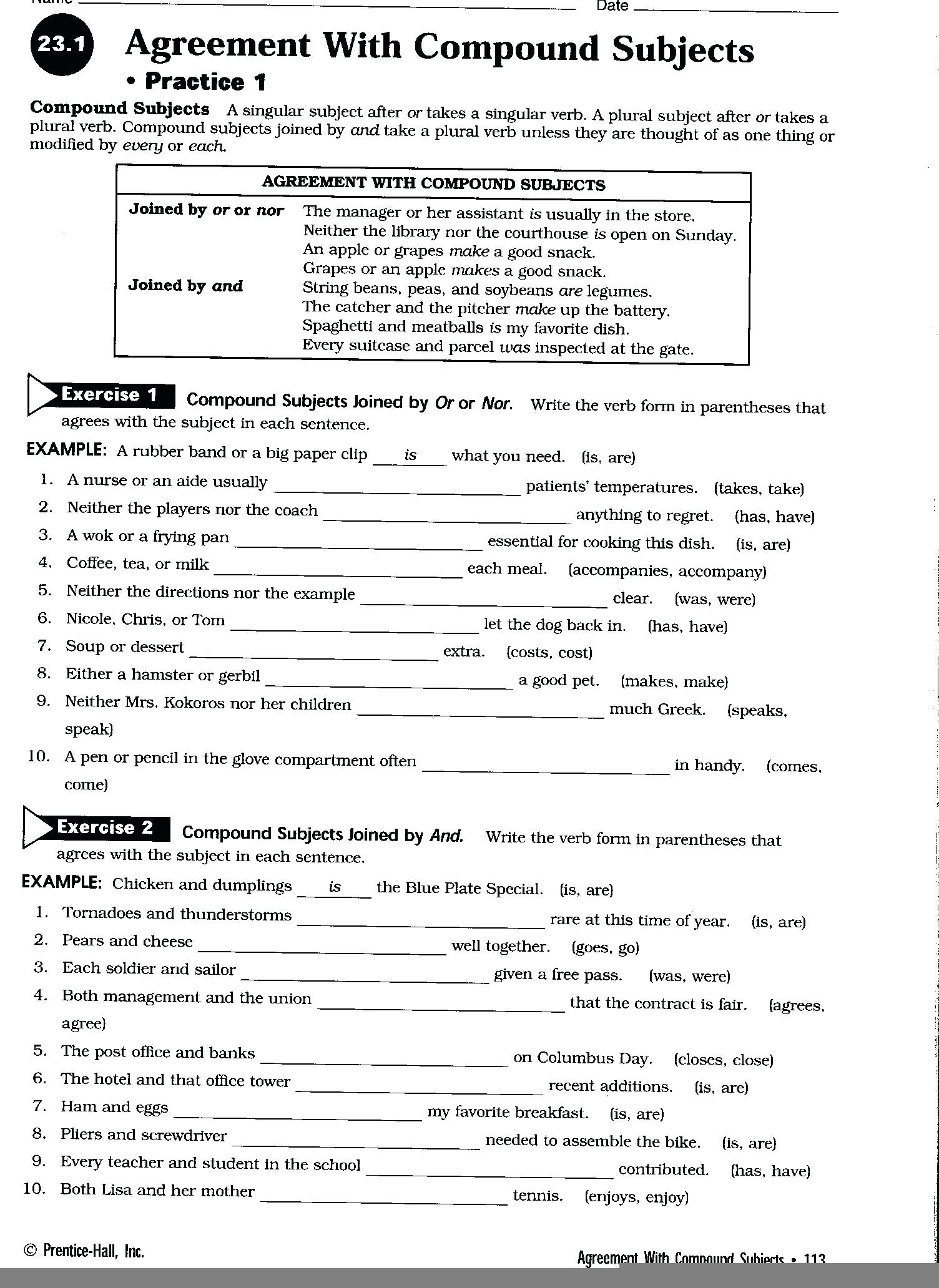 Subject Verb Agreement Printable Worksheets High School Lyana Worksheets