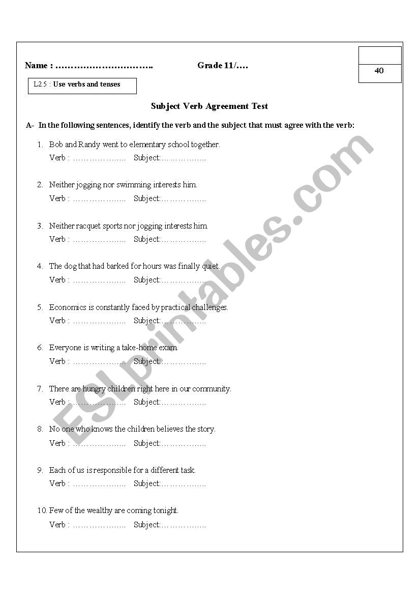 Subject Verb Agreement Quiz ESL Worksheet By Narjes