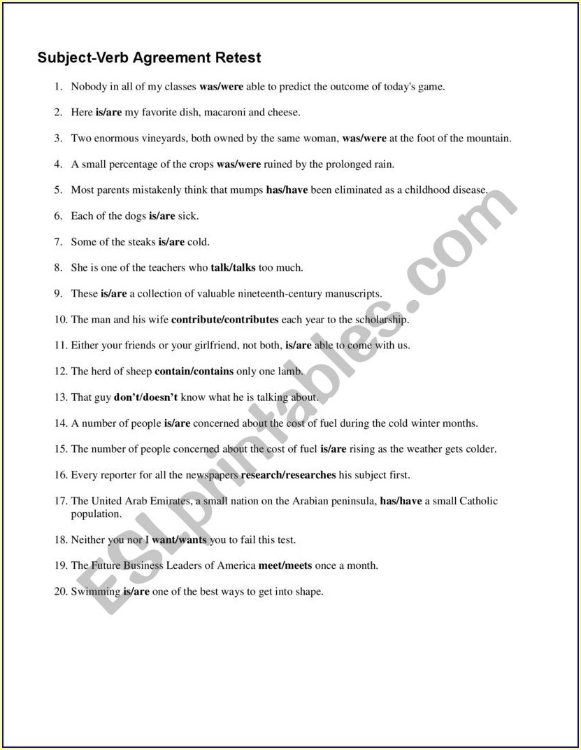 Subject Verb Agreement Quiz Printable