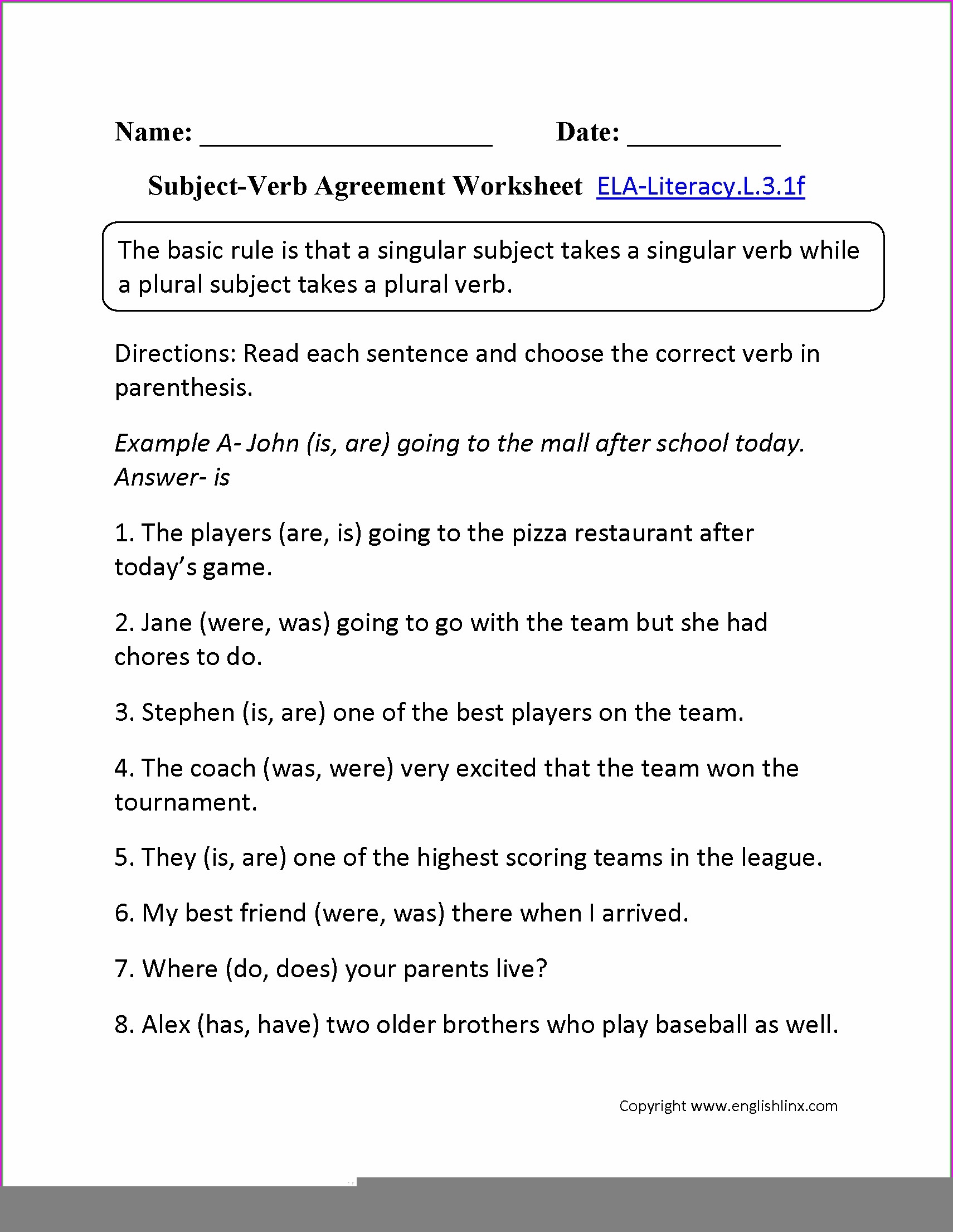 Subject Verb Agreement Quiz Eslbee Worksheet Resume Examples