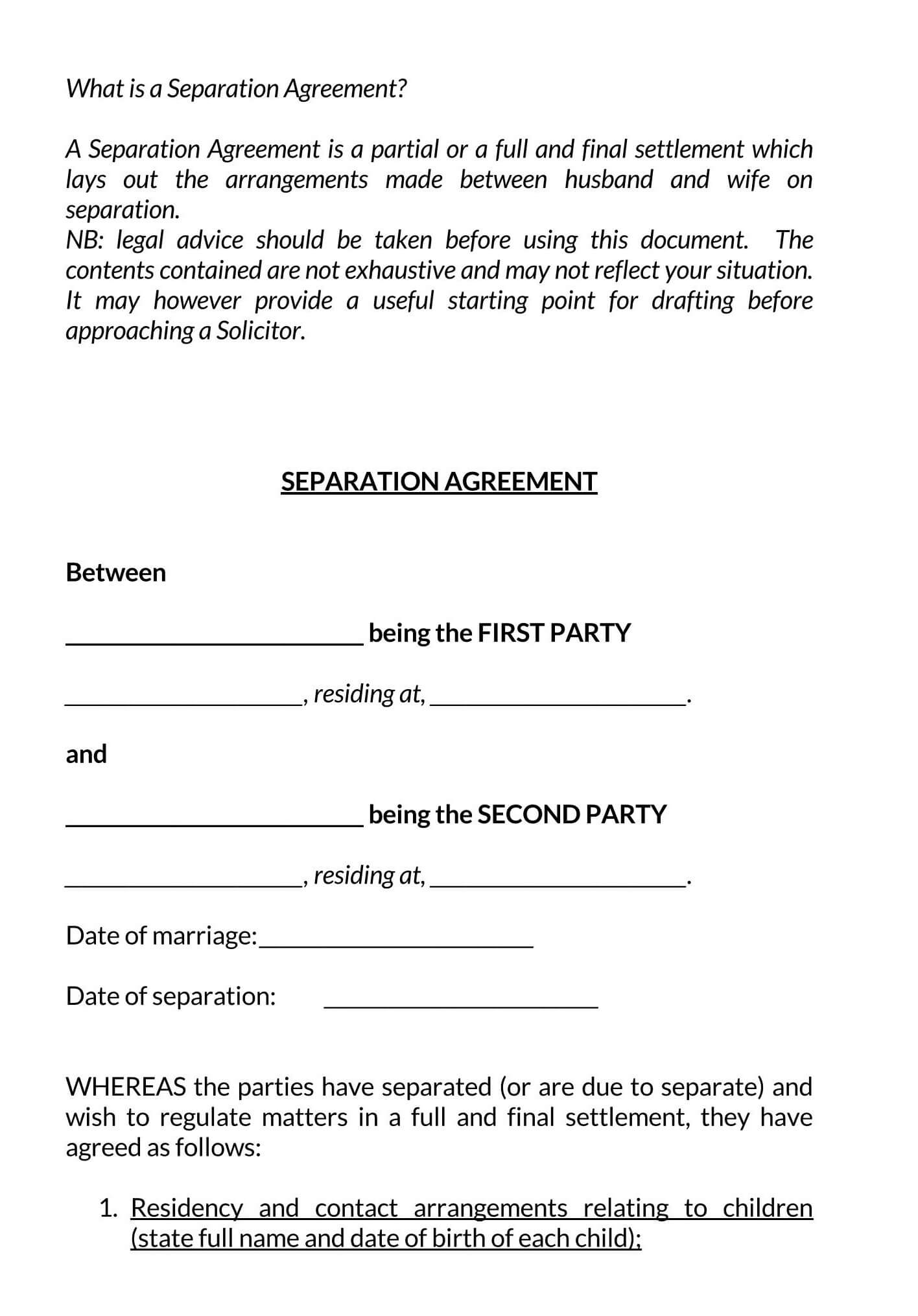 Template Printable Do It Yourself Separation Agreement Printable 