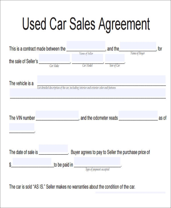 Printable Used Car Sales Agreement