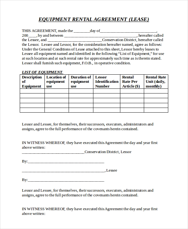 Printable Equipment Rental Agreement